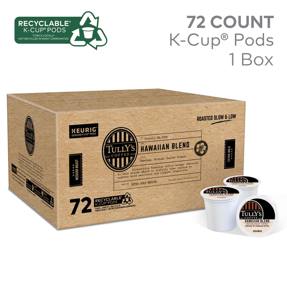Packaging close-up of Tully's Hawaiian Blend K-Cup pods for easy use.
