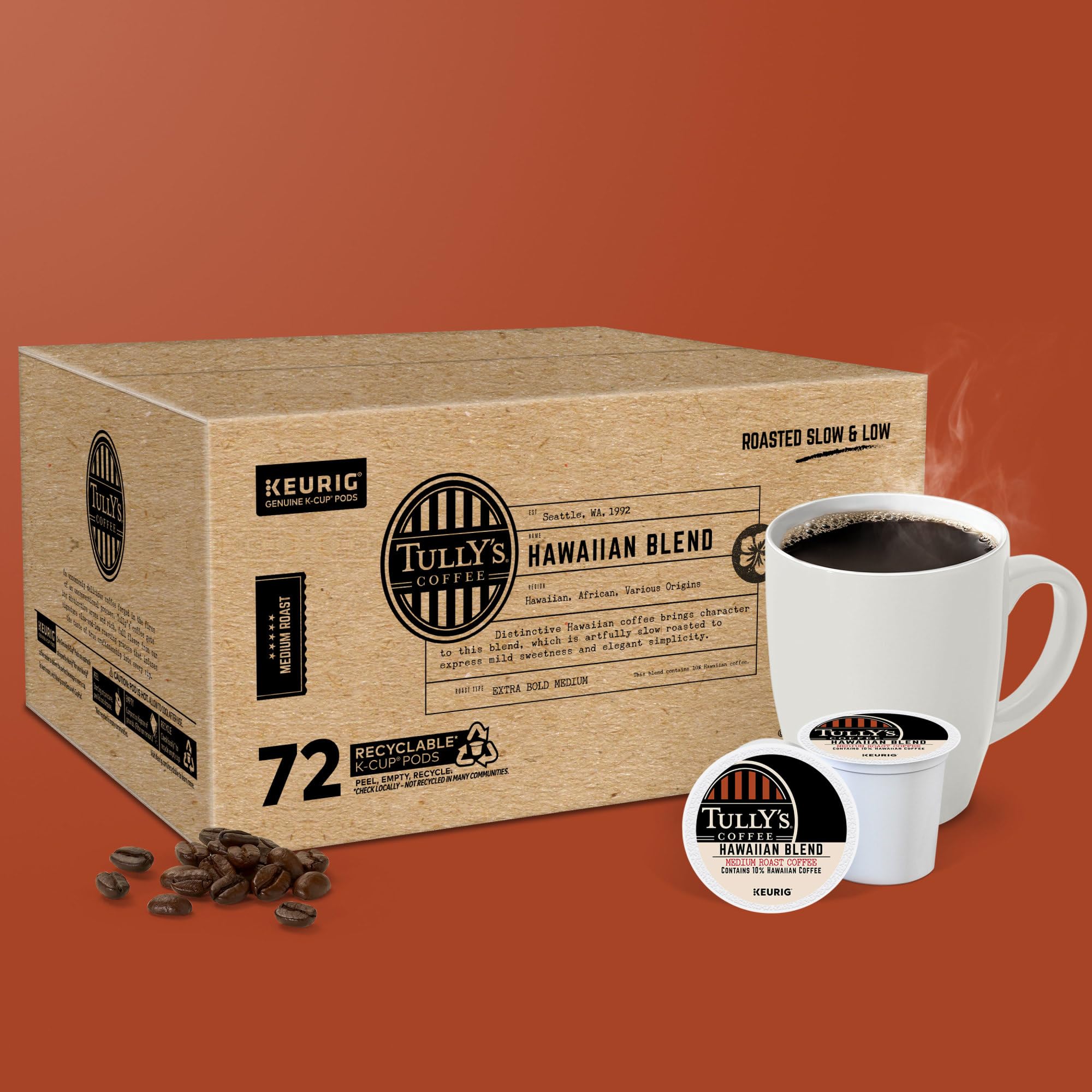 Steaming cup of Tully's Hawaiian Blend with a smooth medium roast.