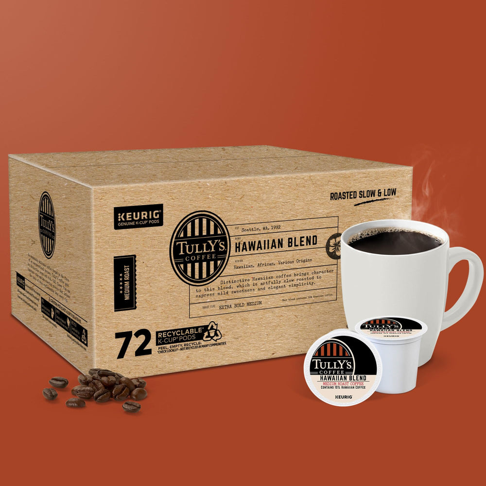 Steaming cup of Tully's Hawaiian Blend with a smooth medium roast.