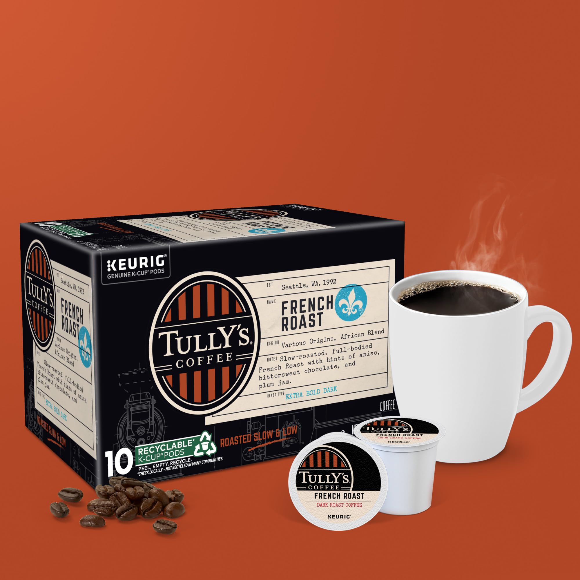 Kosher badge on packaging signals trusted certification for Tully's coffee.