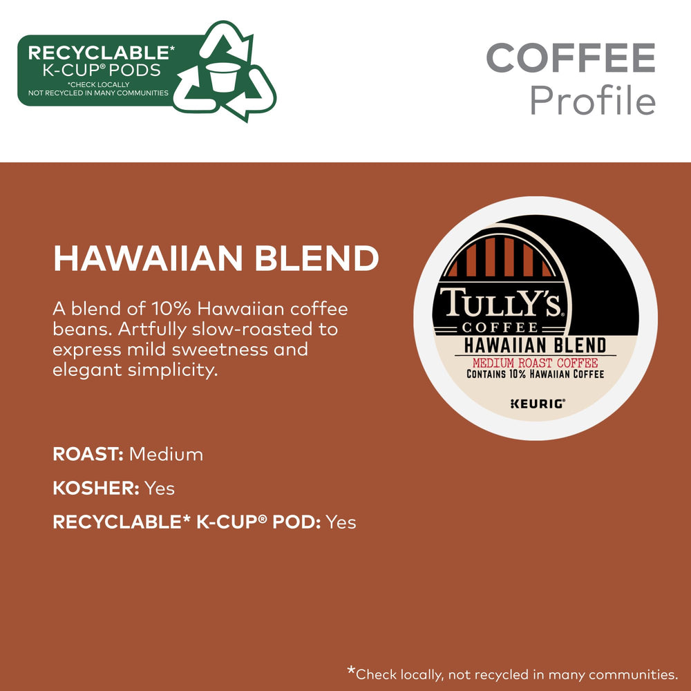 Steam rising from a cup of Tully's Hawaiian Blend highlighting inviting aroma.