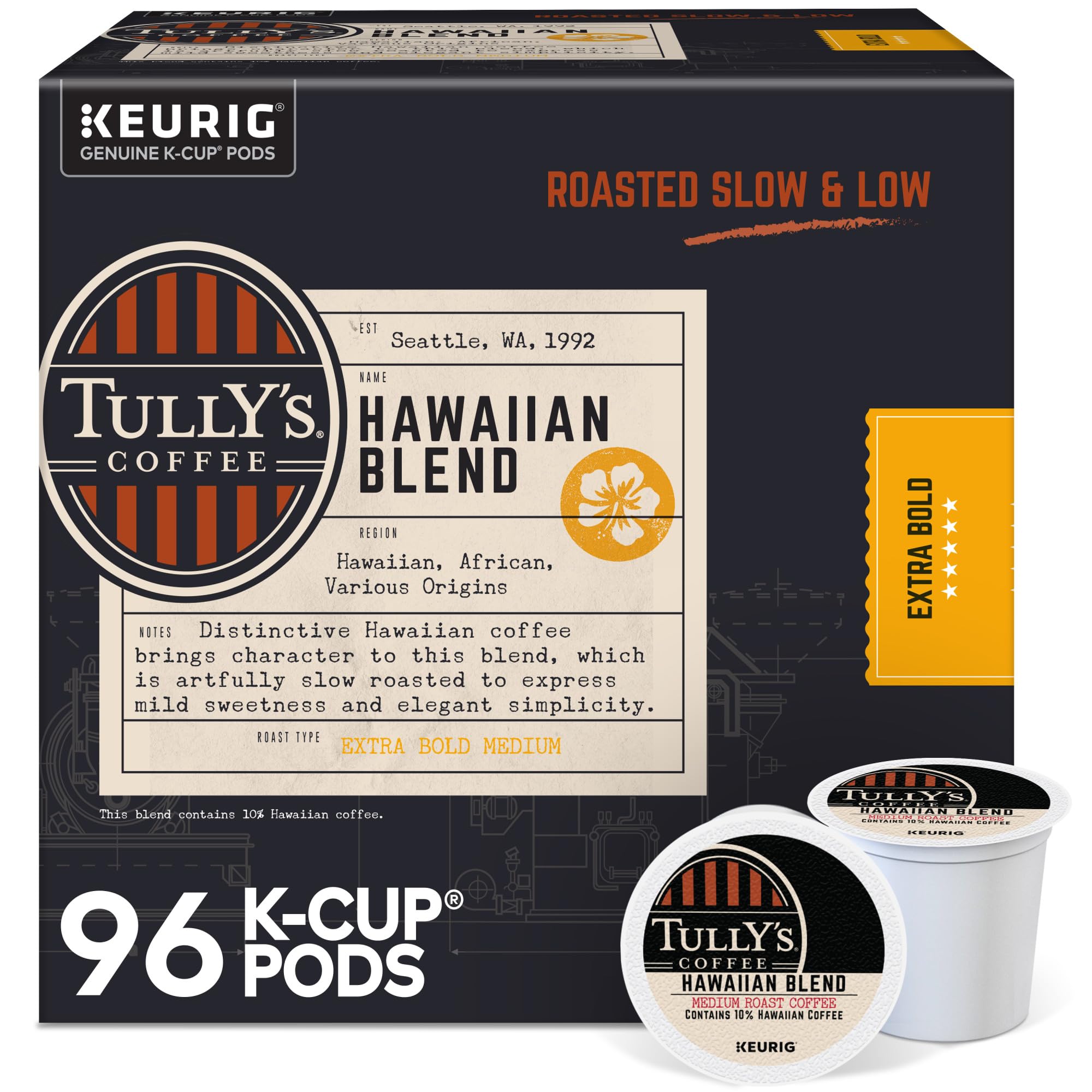 Tully's Hawaiian Blend K-Cup front view for quick single-serve mornings.