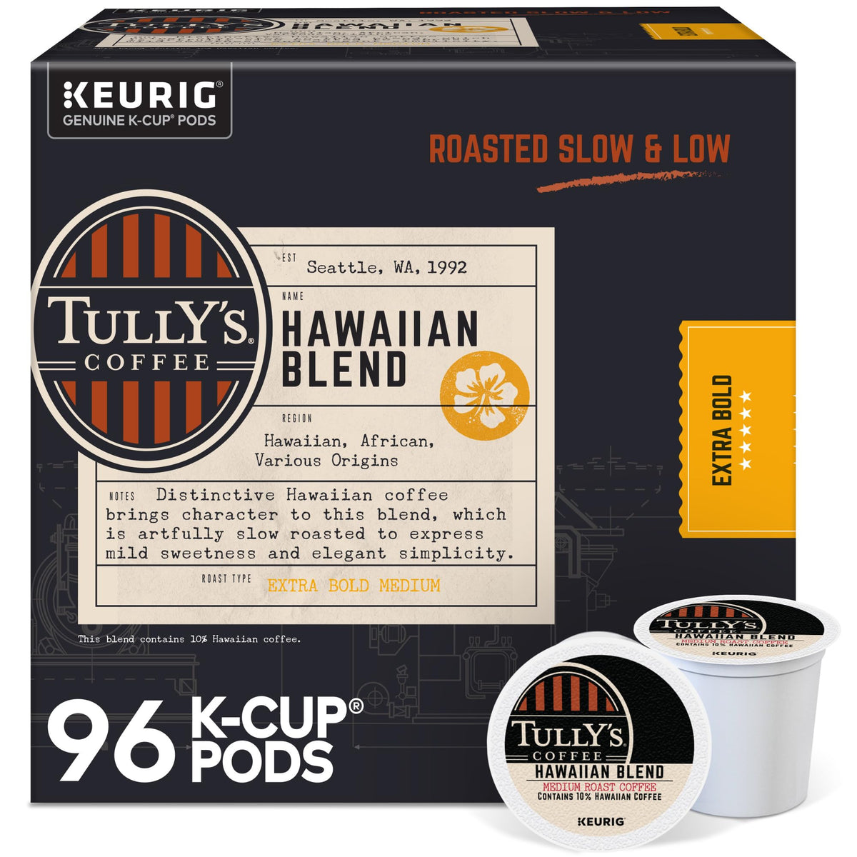 Tully's Hawaiian Blend K-Cup front view for quick single-serve mornings.