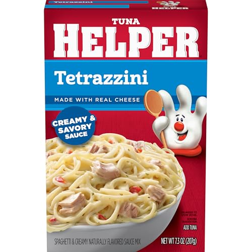 Tuna Helper Tetrazzini simmering in a skillet demonstrates quick three-step prep.