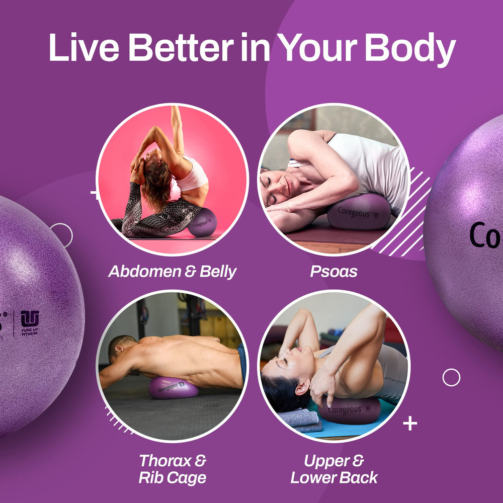 Tune Up Fitness Coregeous Ball for on-the-go self-care and breathing support.
