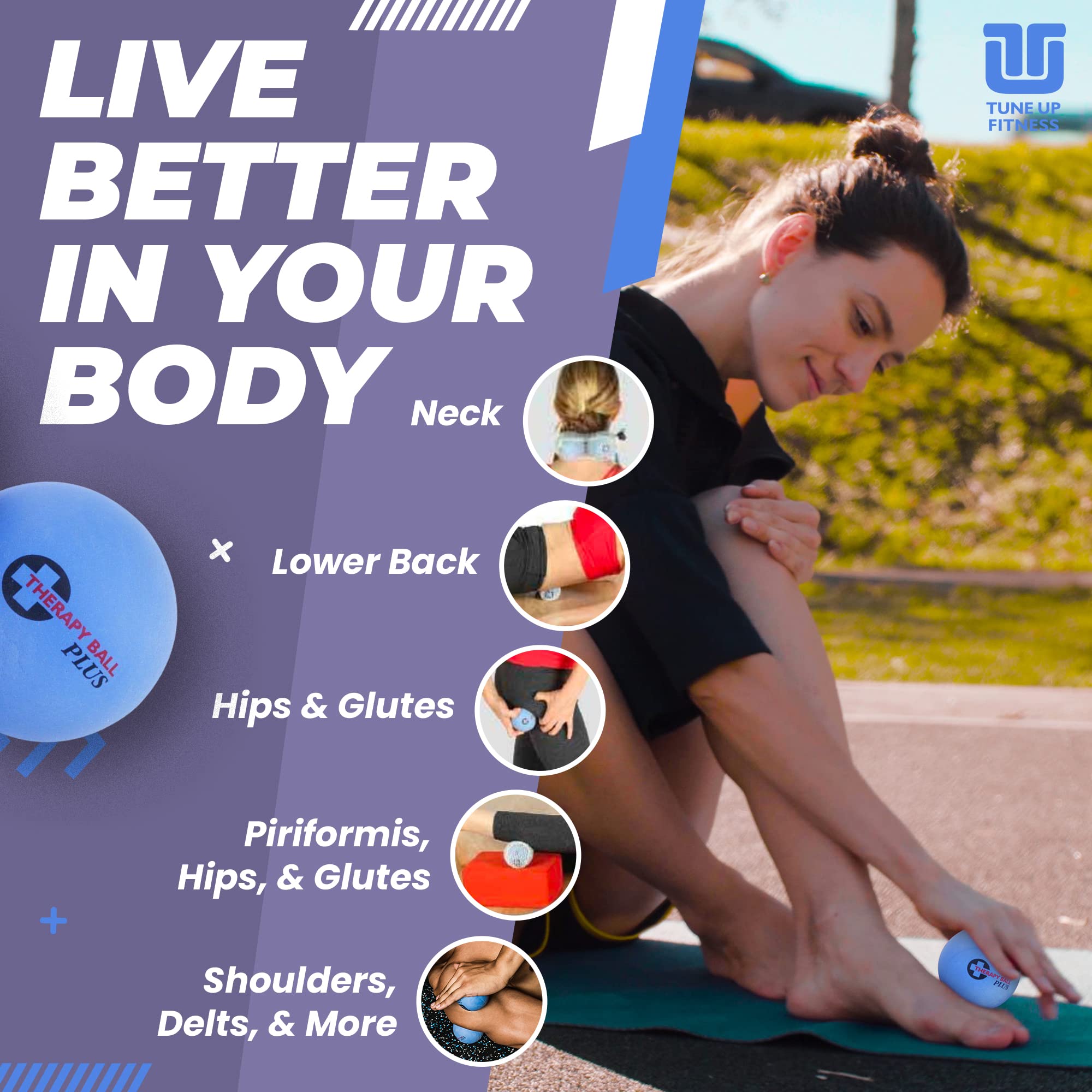 Tune Up Fitness Therapy Ball Plus Pair in Tote uses high-grip core for durable, therapist-like pressure.