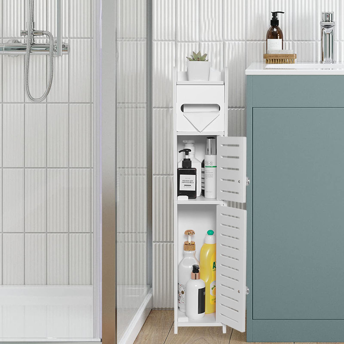 Tuoxinem toilet storage cabinet front view showing slim space-saving design