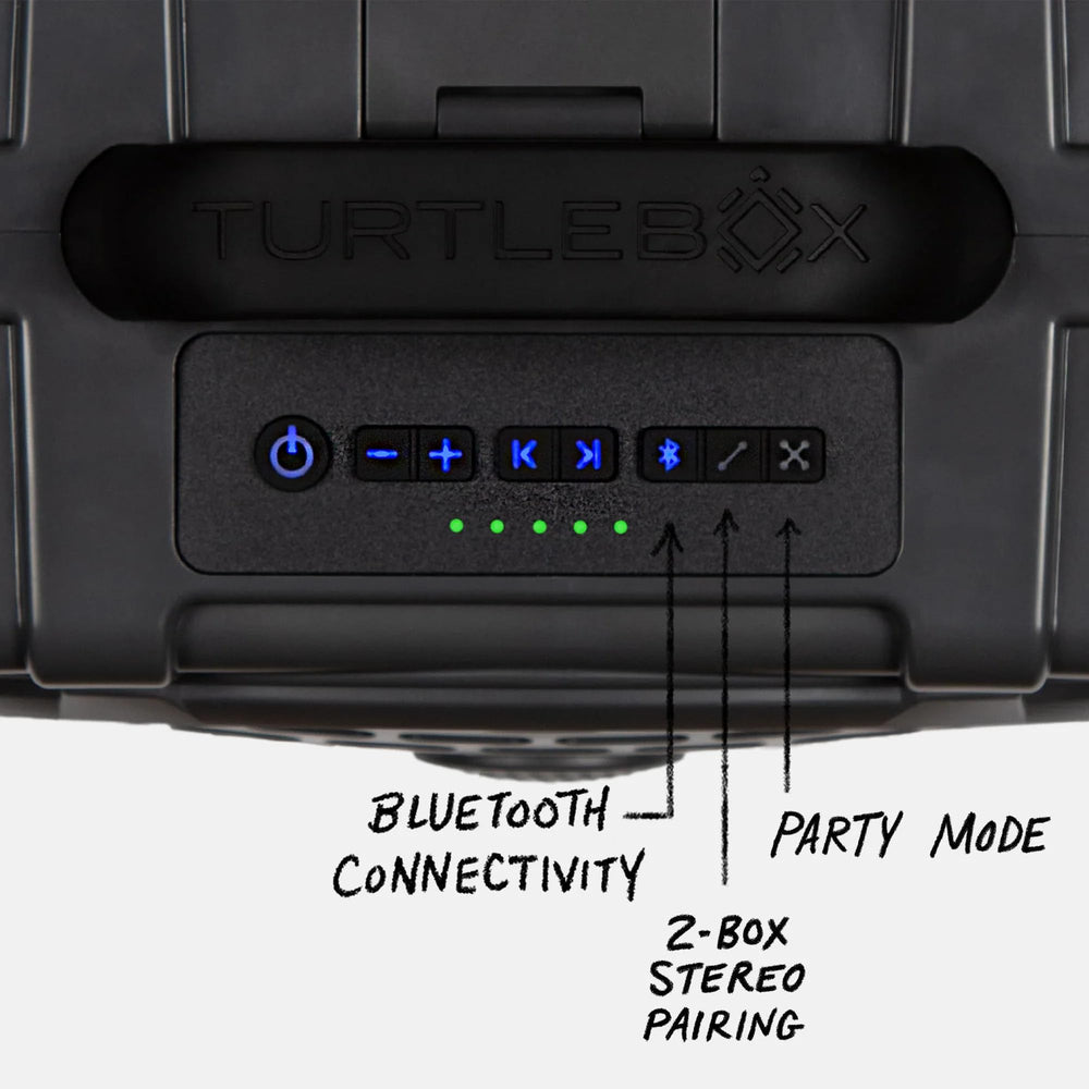 Turtlebox Original Gen 3 party mode demonstrating unlimited stereo pairing during gatherings