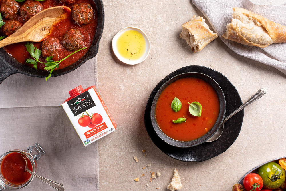 Tuscanini Tomato Sauce screw-cap carton keeps sauce fresh after opening.