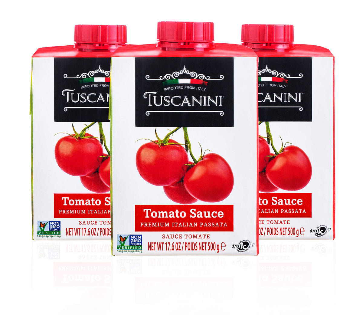 Tuscanini Tomato Sauce three-pack in a convenient carton for family meals.