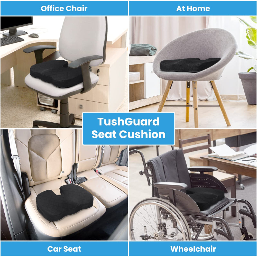 TushGuard seat cushion compatible with car seats and wheelchairs for versatile use