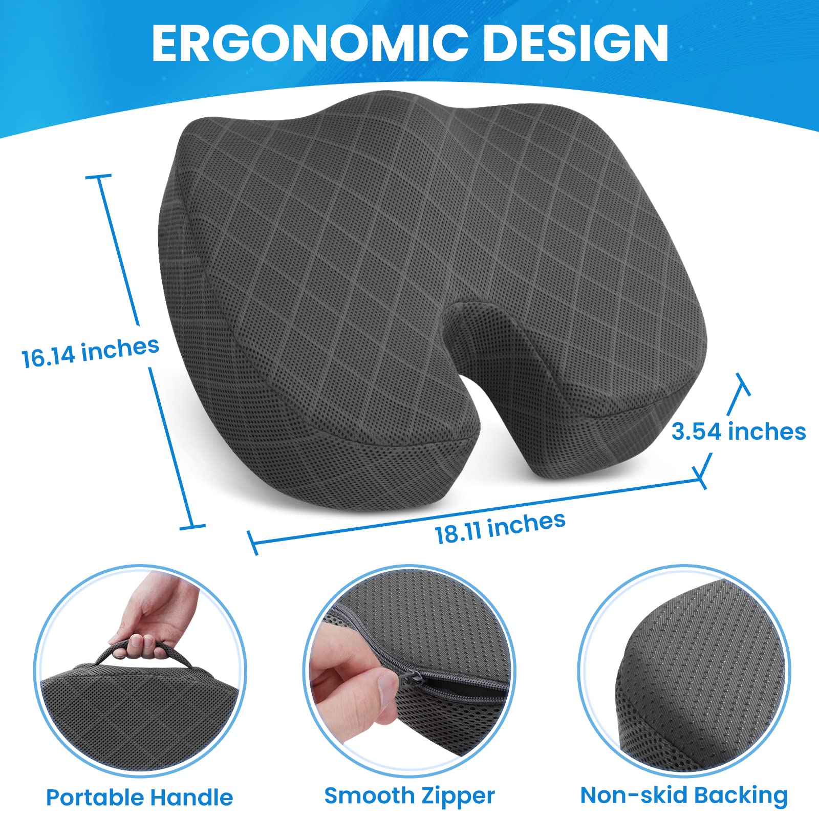 TushGuard coccyx-support cushion on a car seat for long drives.