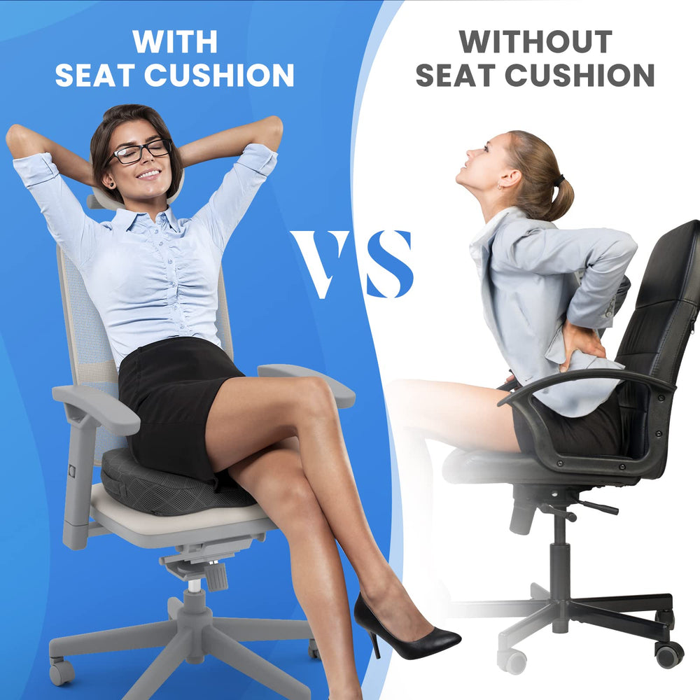TushGuard grey x-large cushion on a desk chair for added height.