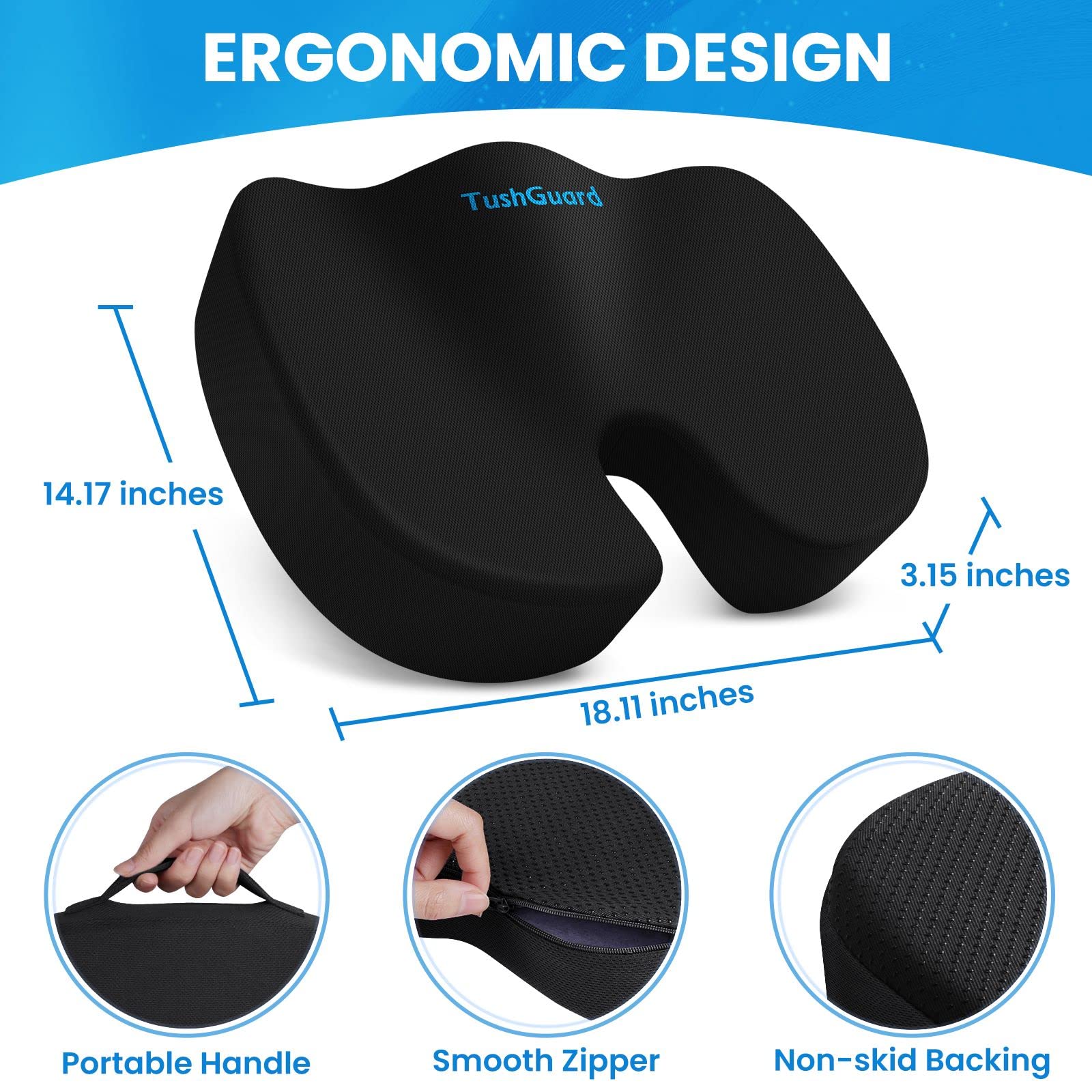 TushGuard seat cushion on office chair shows non-slip base for stability