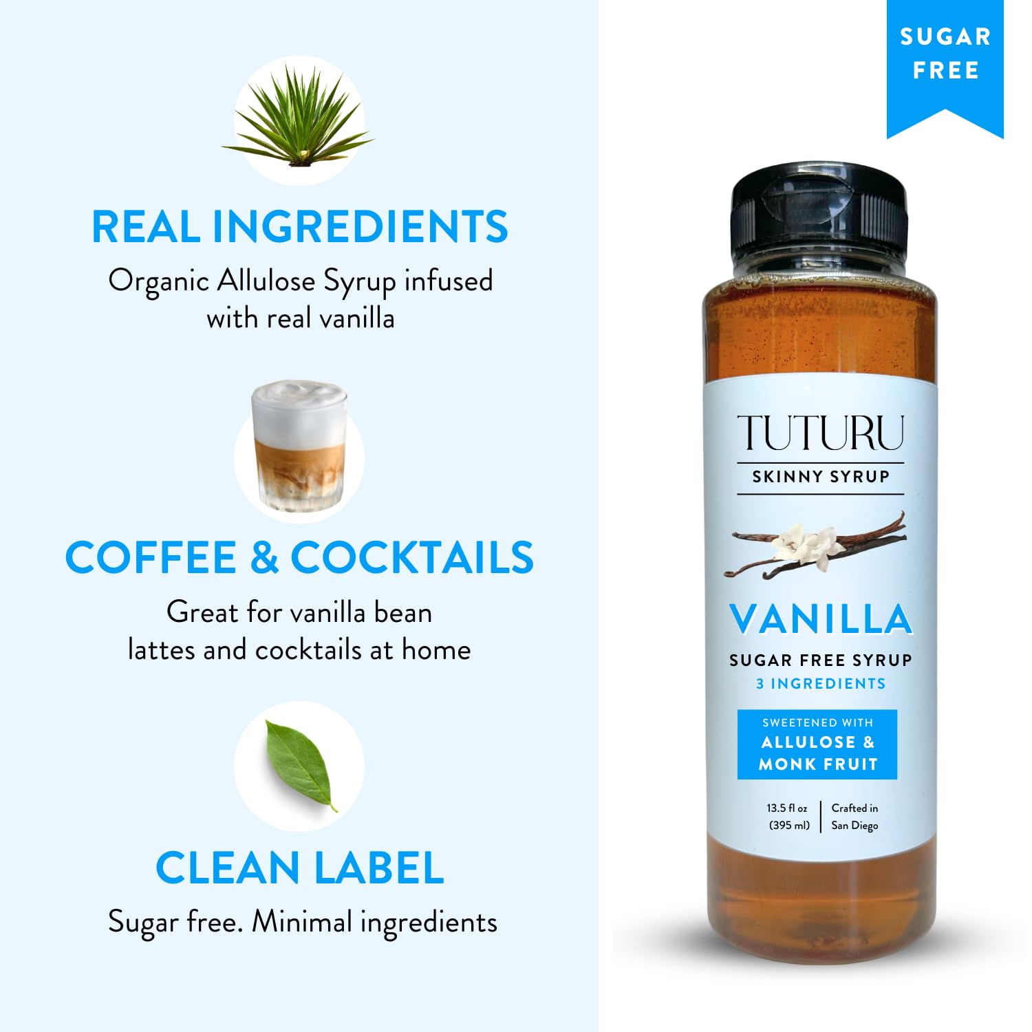 Syrup swirling in a latte showcases vanilla flavor in a smooth, low-sugar beverage base