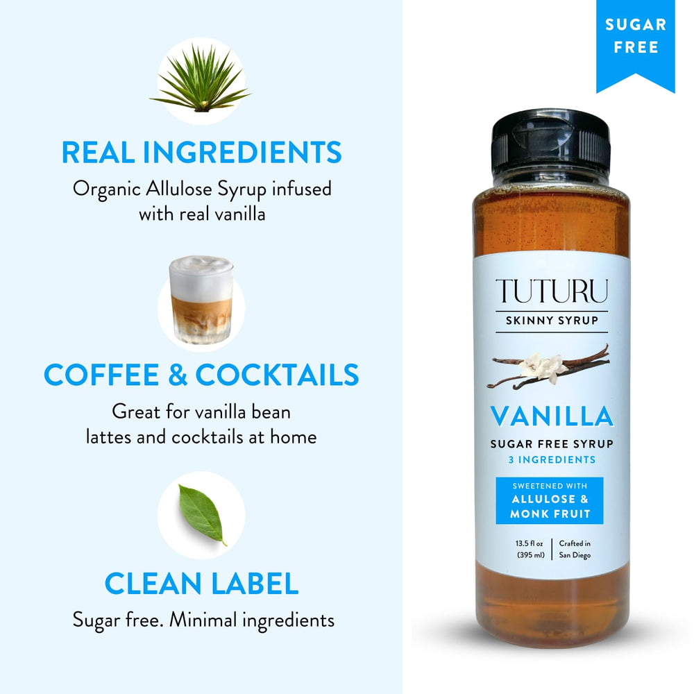 Syrup swirling in a latte showcases vanilla flavor in a smooth, low-sugar beverage base