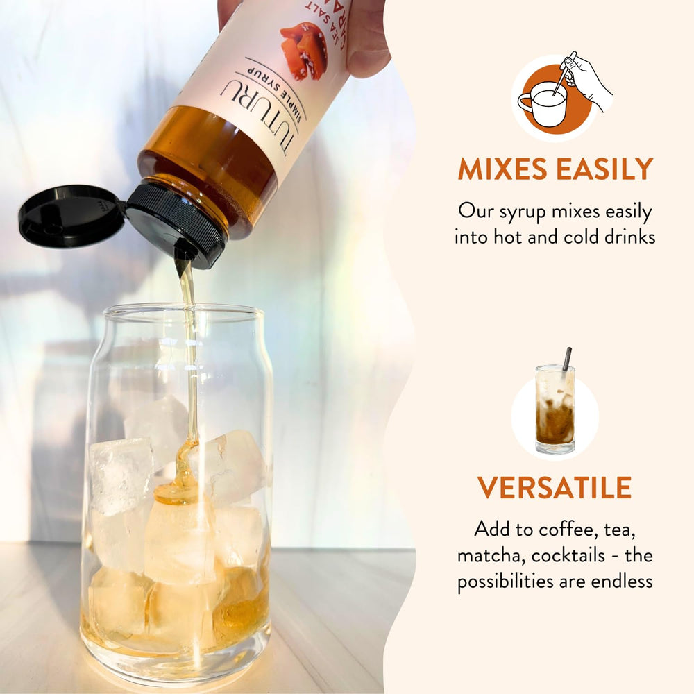 Tuturu caramel syrup pour shot for rich at-home caramel flavor.