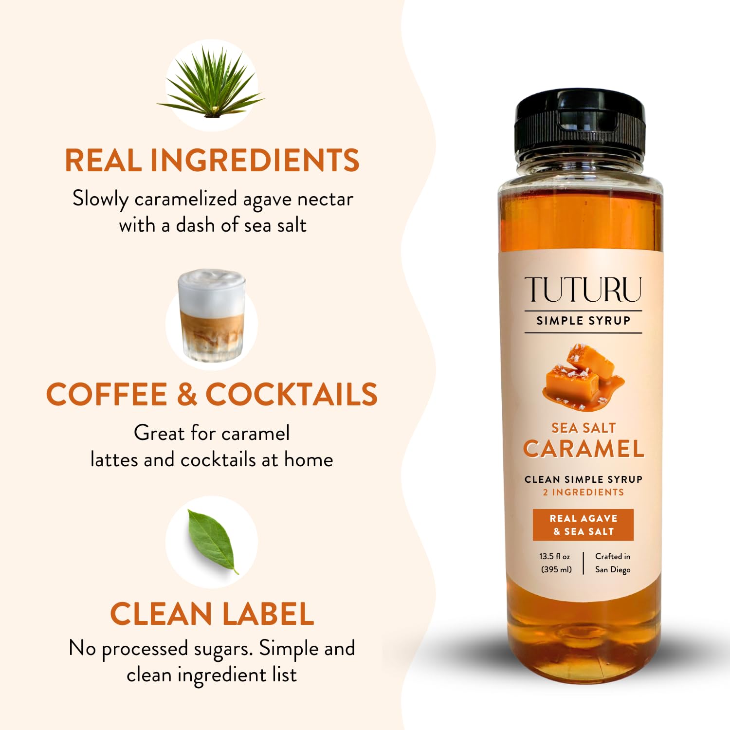 Tuturu coffee latte with salted caramel syrup, enhancing aroma and depth.