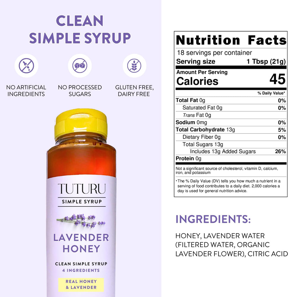 Pouring TUTURU Lavender Honey Syrup into a glass for a latte
