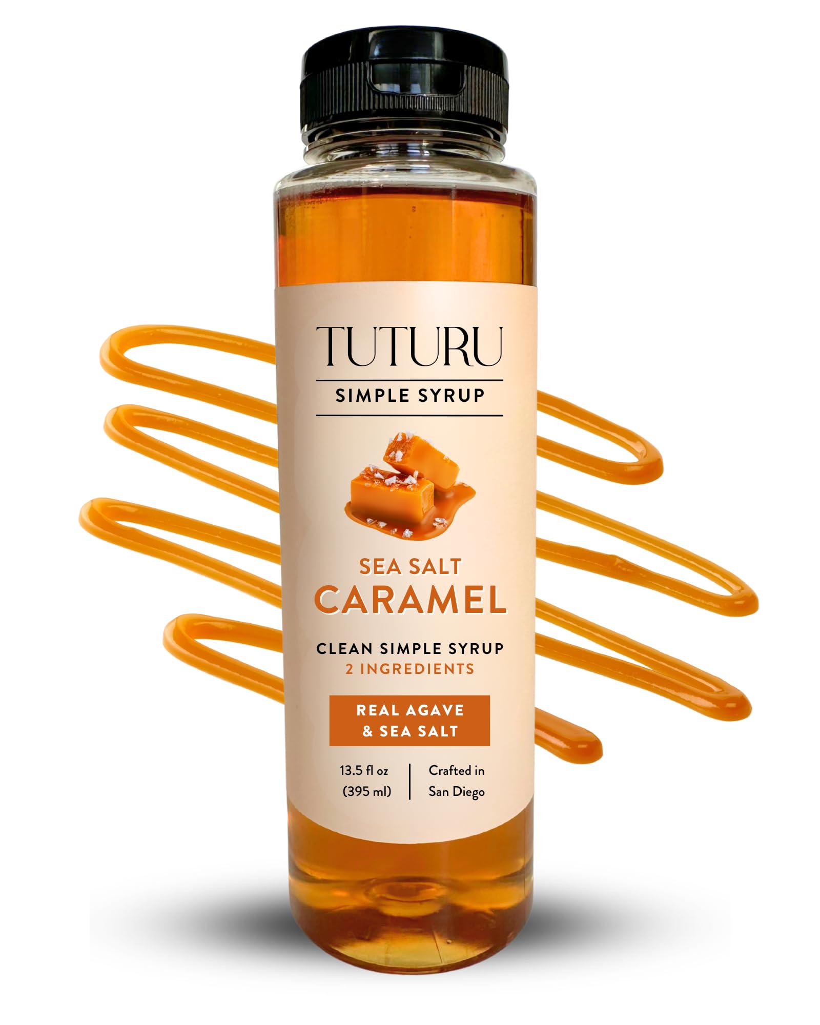 Tuturu salted caramel agave syrup bottle with pour, ideal for coffee.
