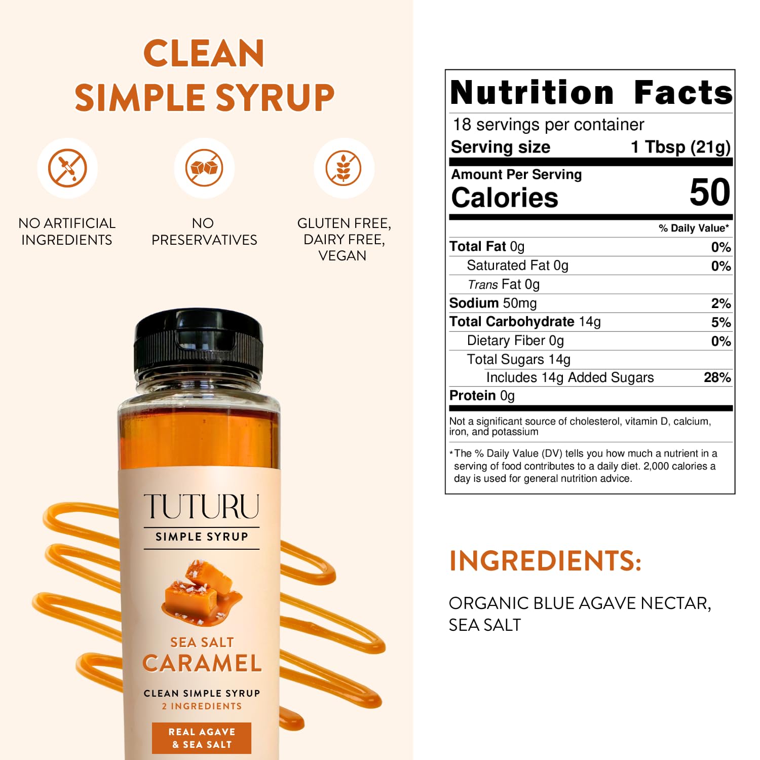 Tuturu salted caramel agave syrup label closeup highlighting organic ingredients.