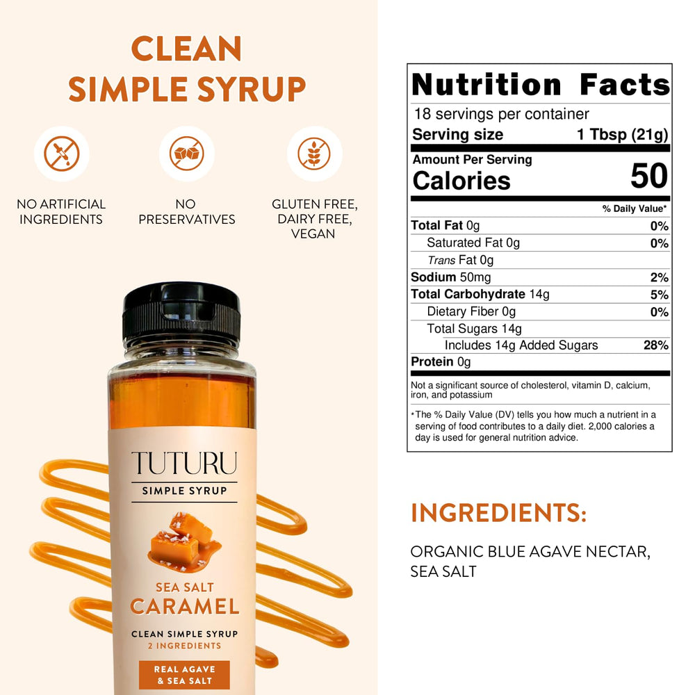 Tuturu salted caramel agave syrup label closeup highlighting organic ingredients.