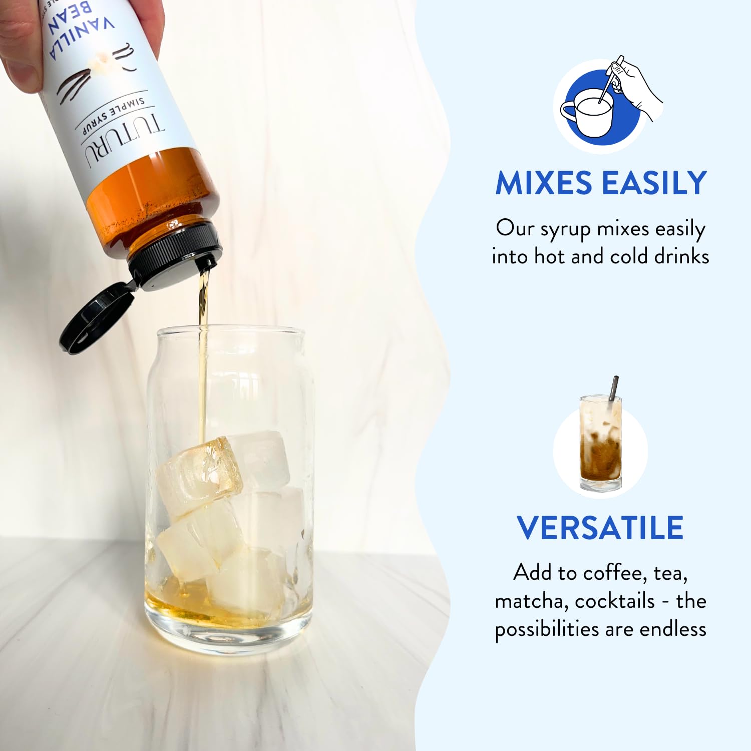 TUTURU Vanilla Bean Agave Syrup over a cold brew served in a glass