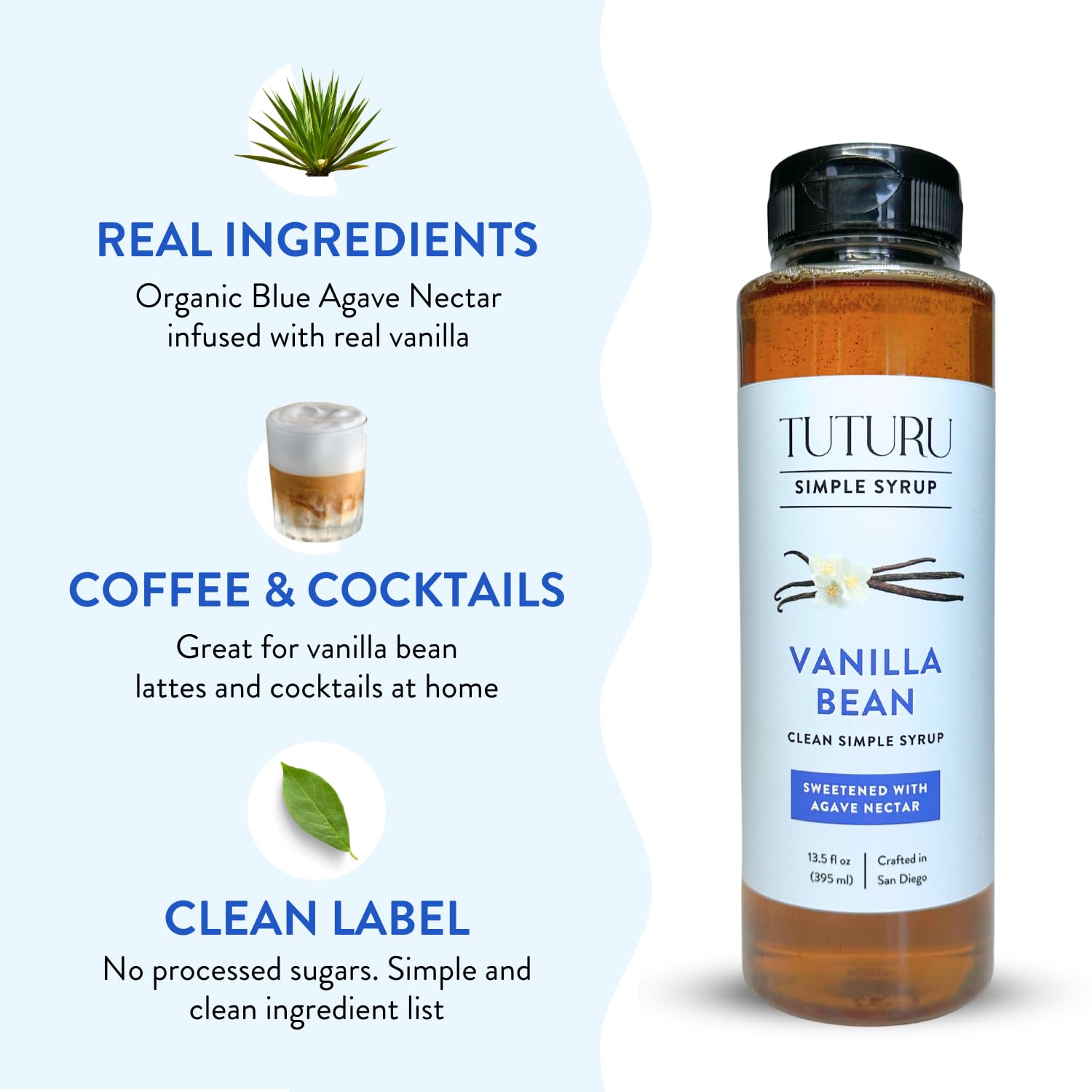 TUTURU Vanilla Bean Agave Syrup with tea latte showcasing vanilla sweetness