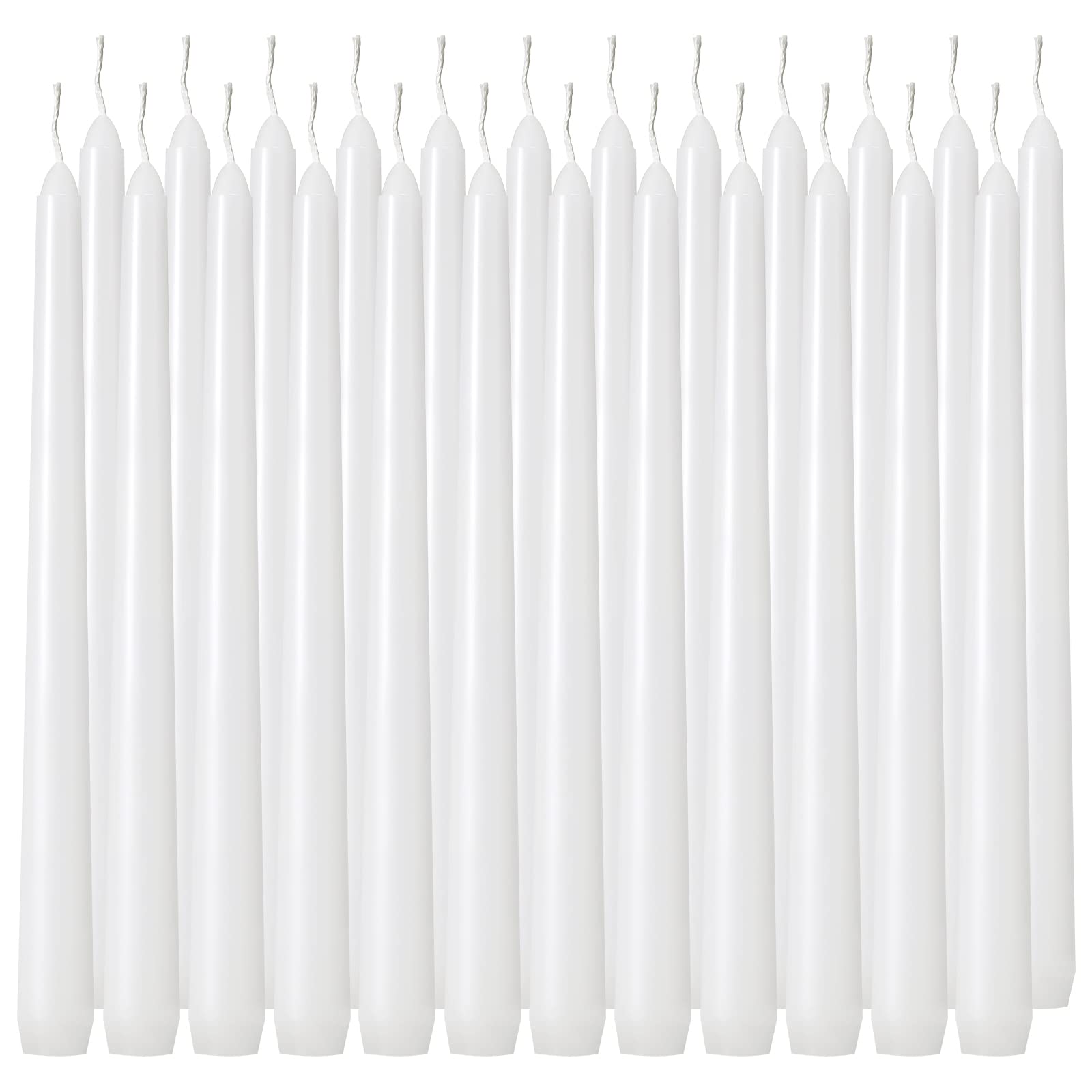Tuyai 10-inch tall white taper candle on dining table for ambience