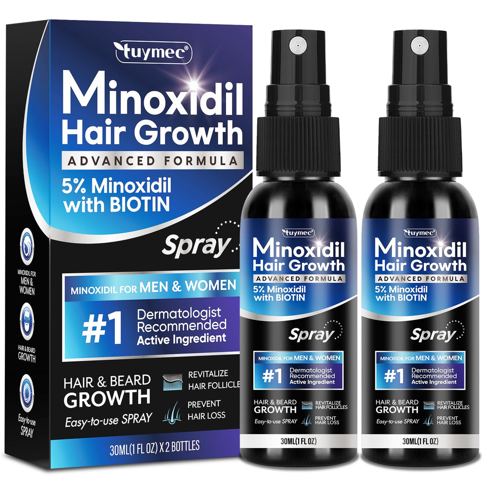 Tuymec 5% Minoxidil spray bottle front view for daily use.