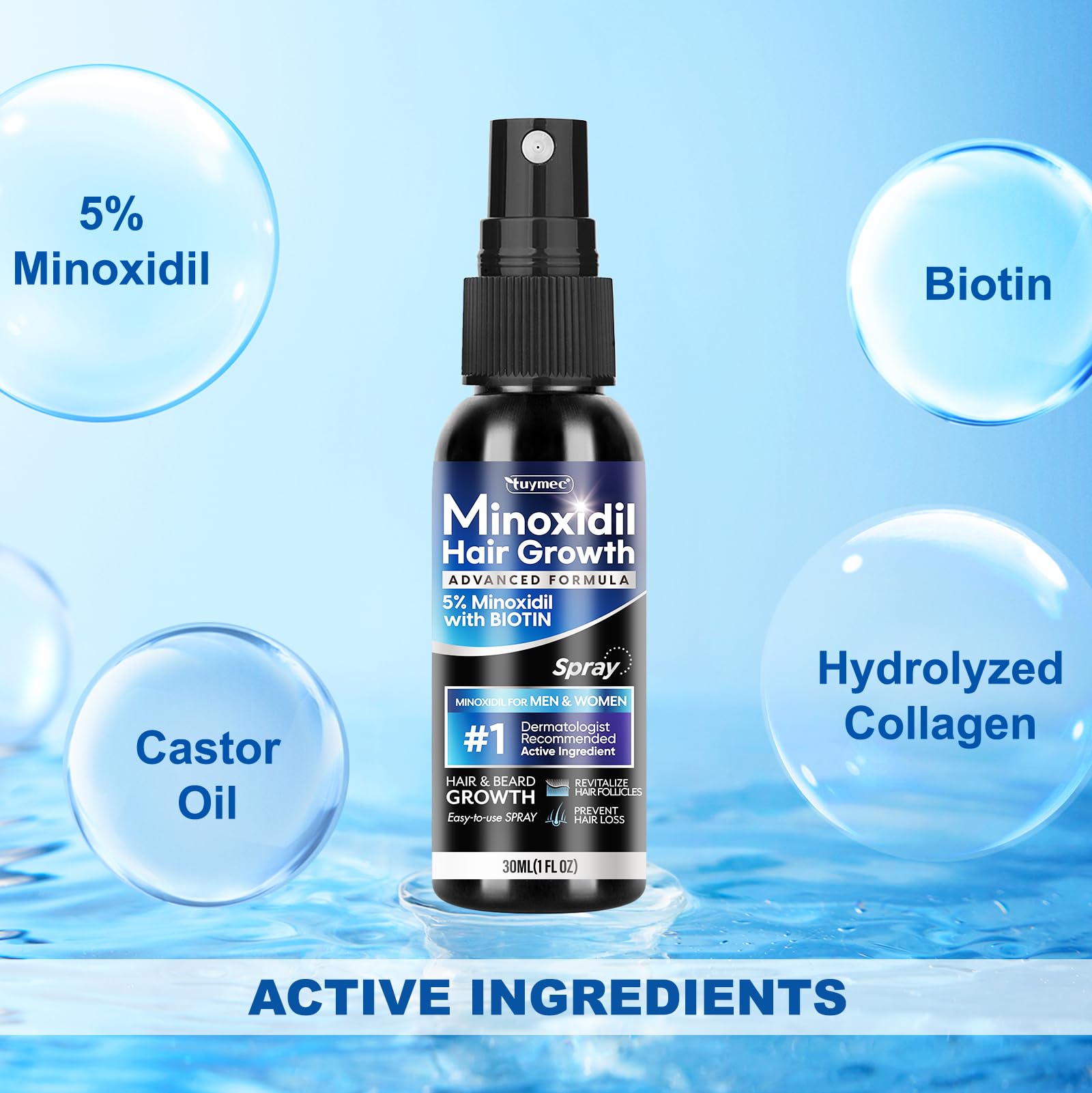 Tuymec Minoxidil spray applied to the scalp to support hair health.