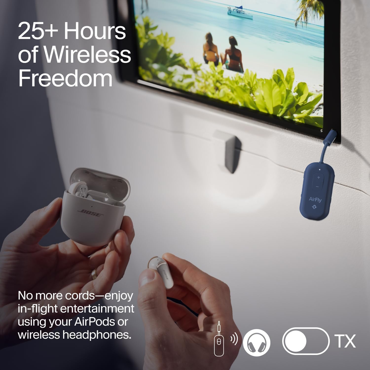 AirFly Pro 2 connected to a 3.5 mm AUX port for wireless listening