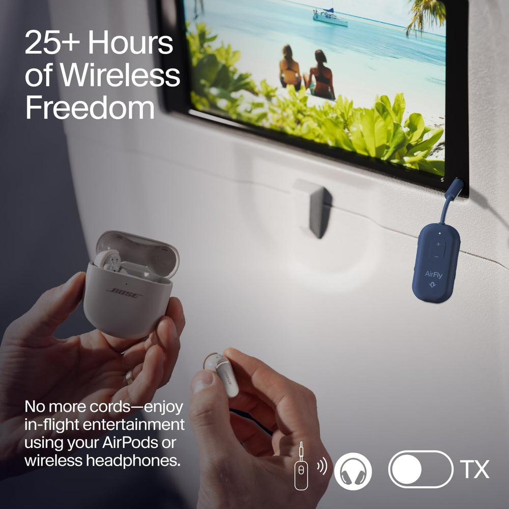 AirFly Pro 2 connected to a 3.5 mm AUX port for wireless listening