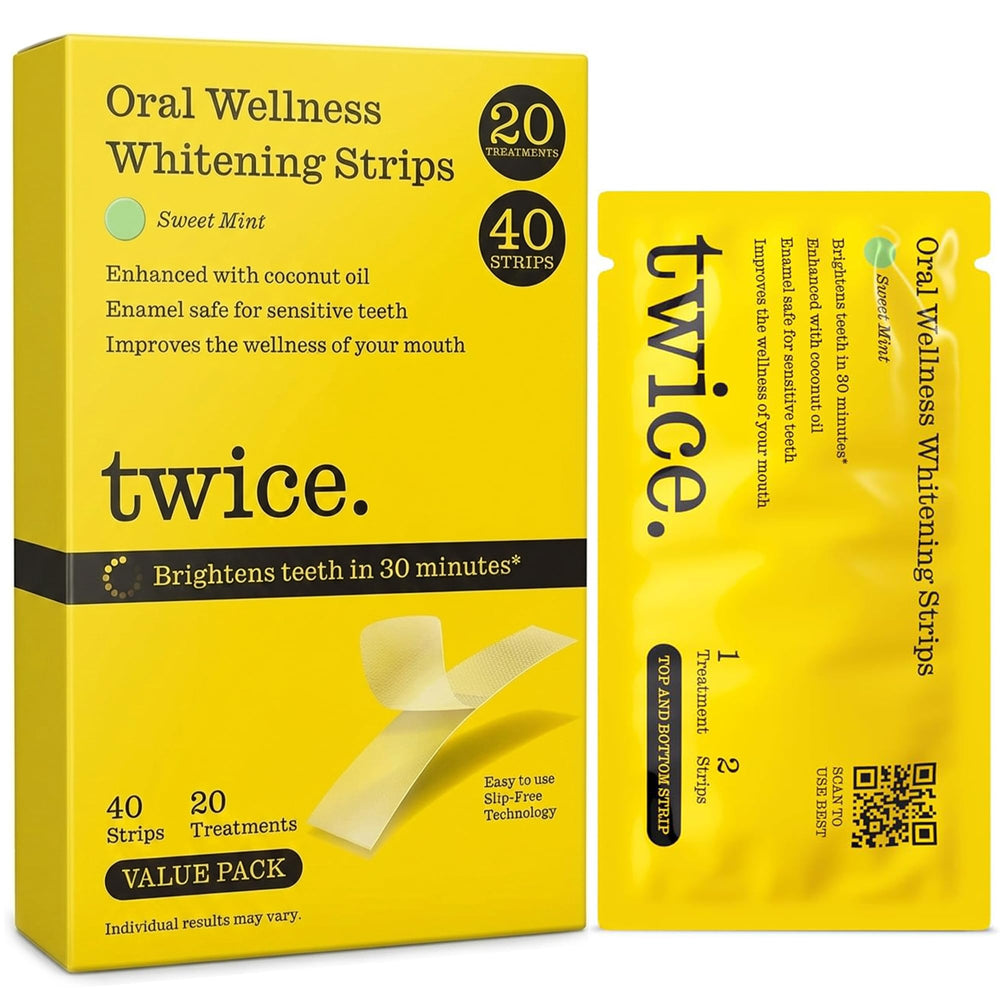 Twice Teeth Whitening Strips Kit package with mint flavor and quick whitening benefits.