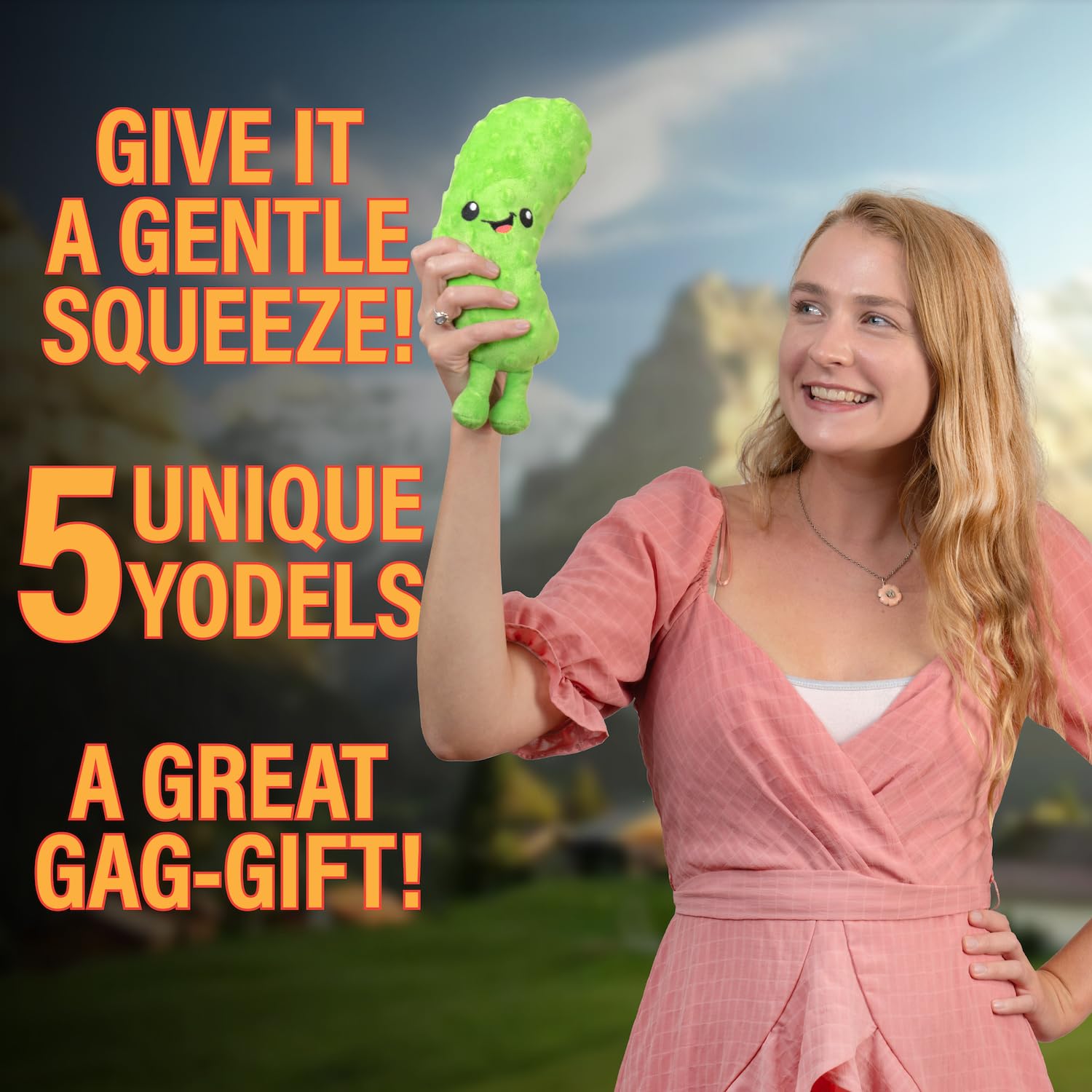 Twiddler Toys Yodeling Plush Pickle back view highlights sturdy construction for repeated squeezes.