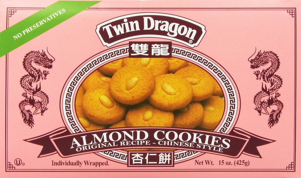 Twin Dragon Almond Cookies box front, ideal for gifting.