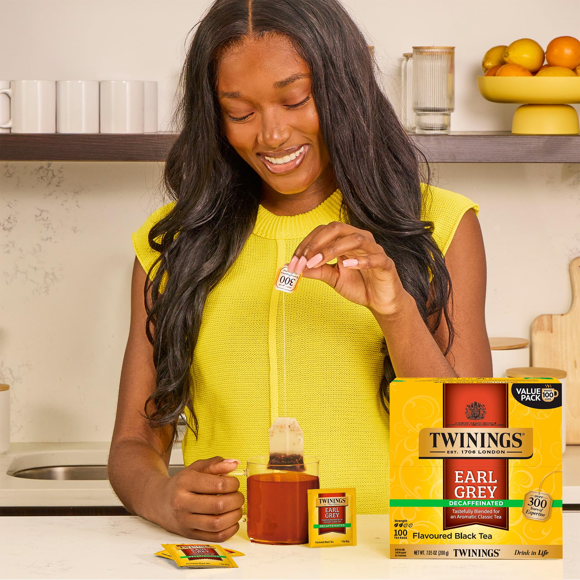 Twinings 100-count box of decaf Earl Grey preserves freshness for home or office.