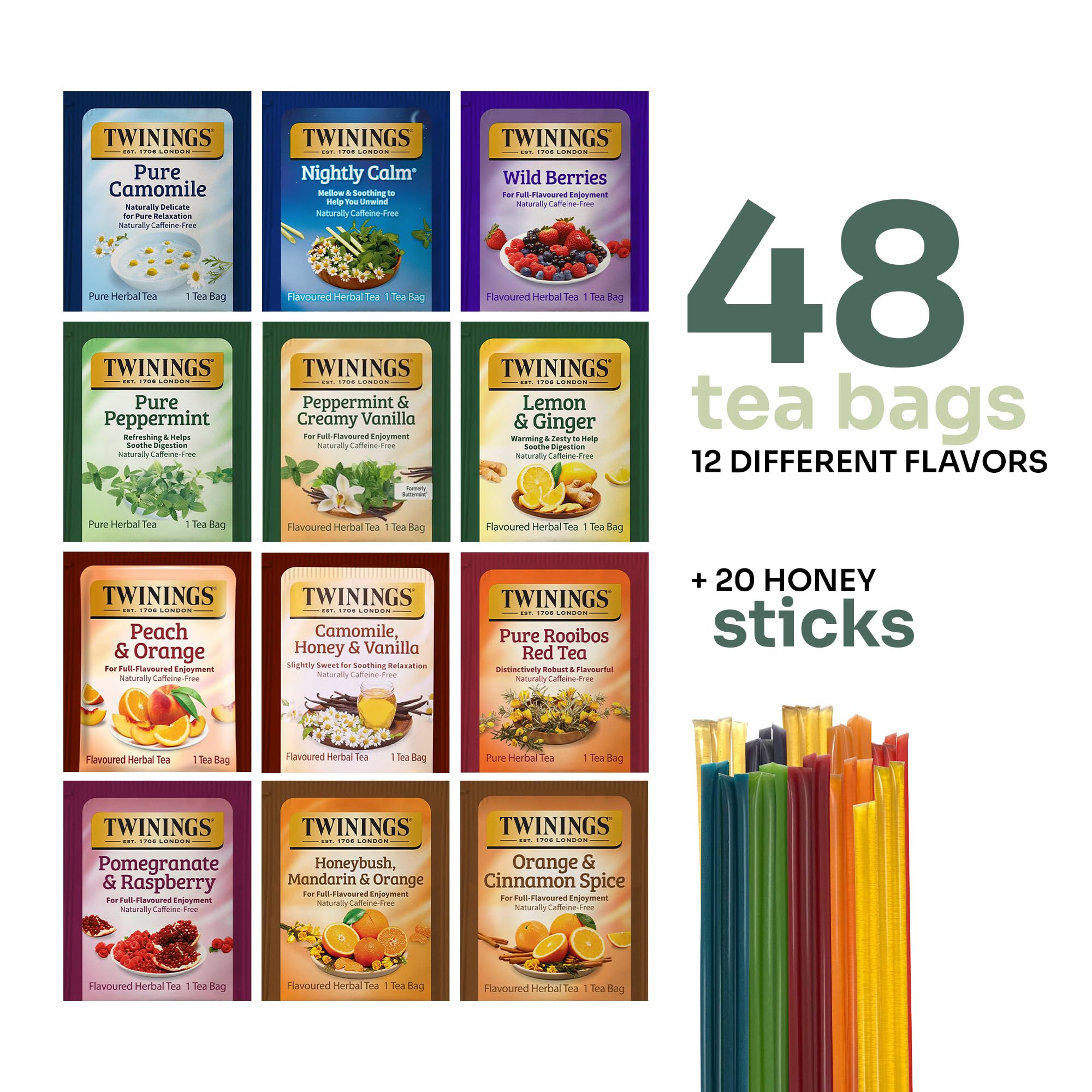 Twinings 12 flavors of herbal tea offering diverse flavor moments.