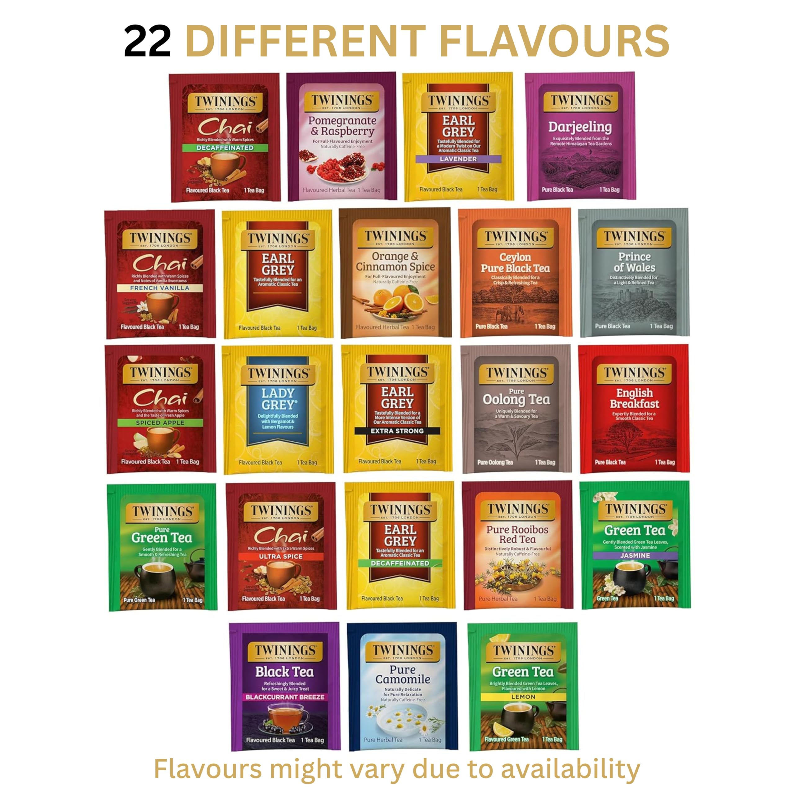 Twinings 22-flavour assortment of tea bags for home or office enjoyment.