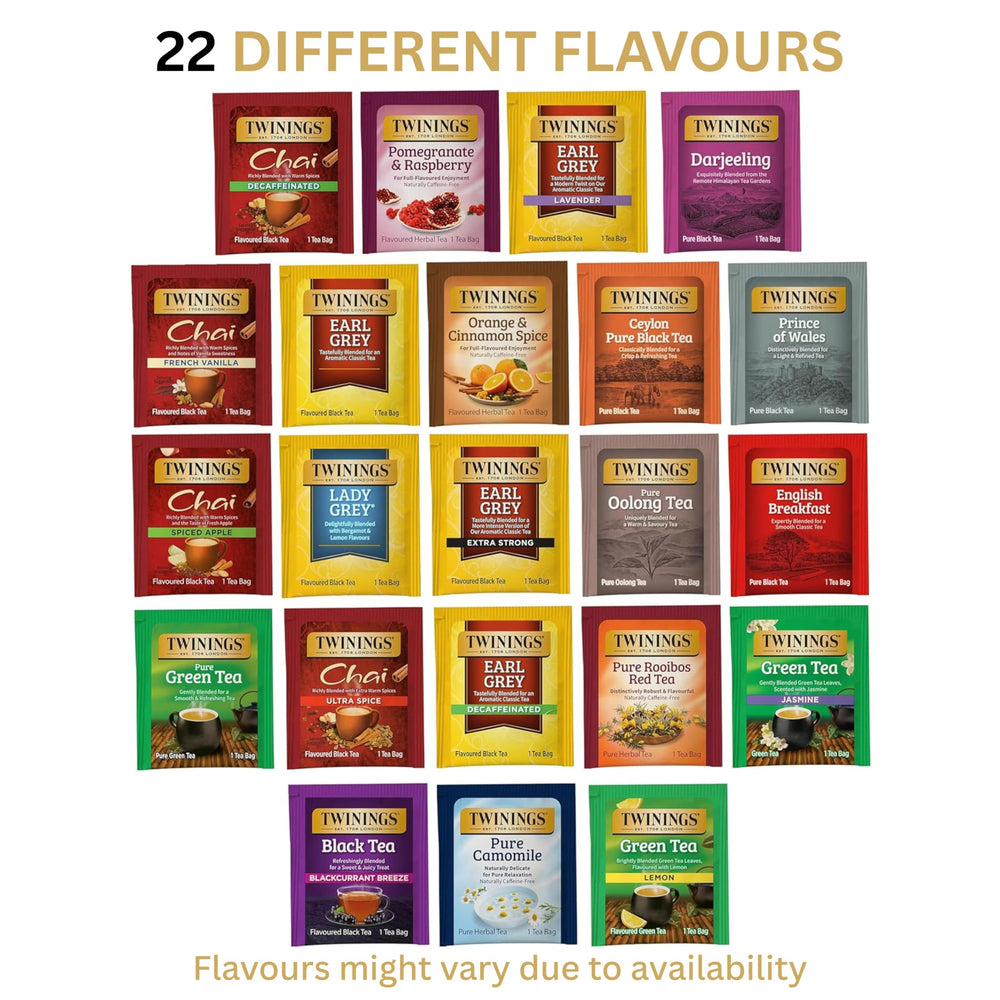 Twinings 22-flavour assortment of tea bags for home or office enjoyment.