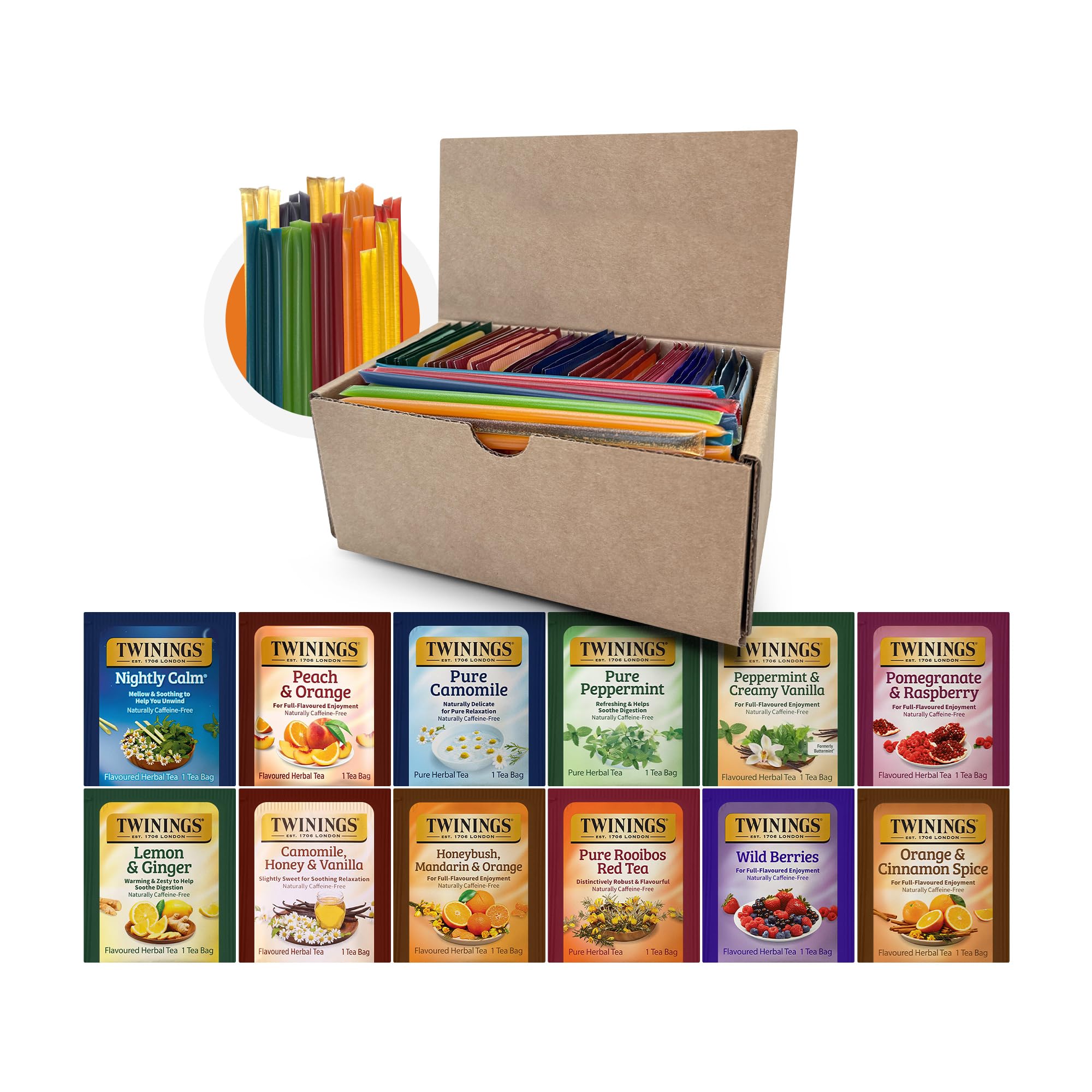 Twinings 48-tea-bags herbal variety pack for daily caffeine-free refreshment.