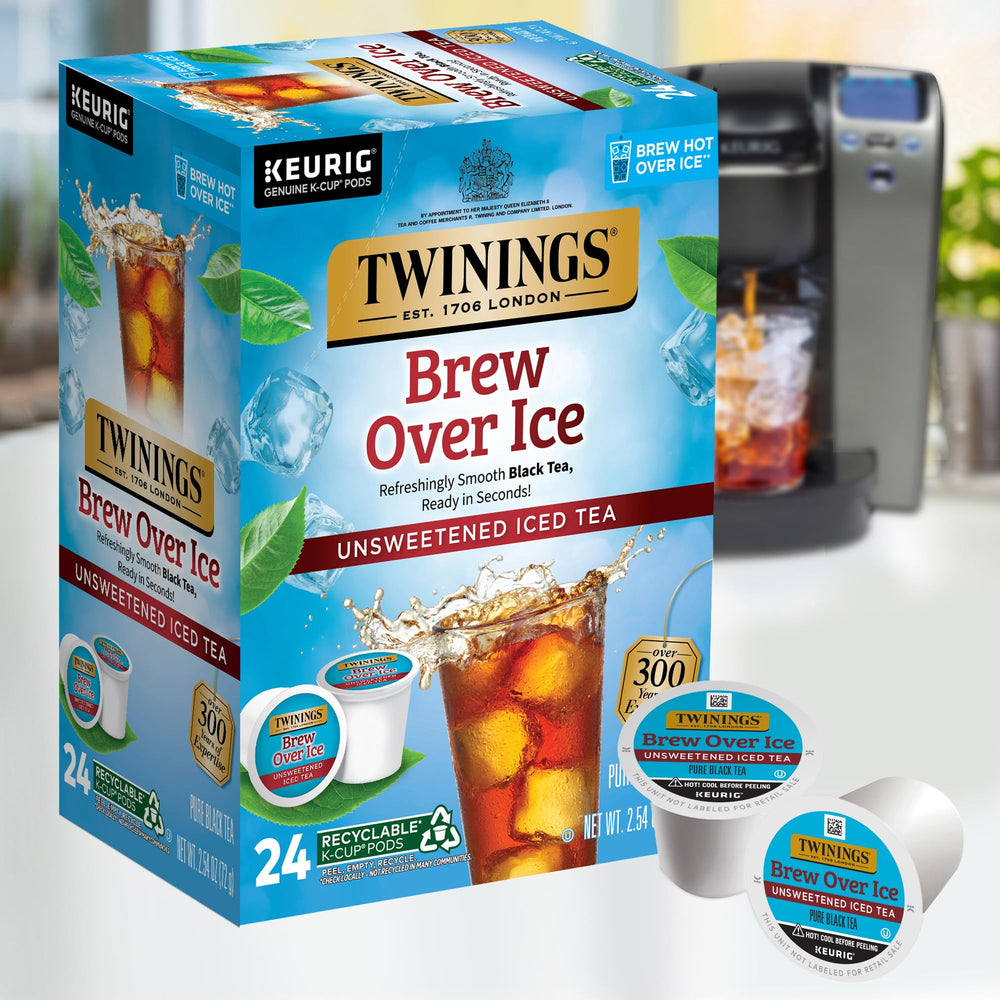 Keurig-ready Twinings Brew Over Ice tea box on kitchen counter, ready in seconds.