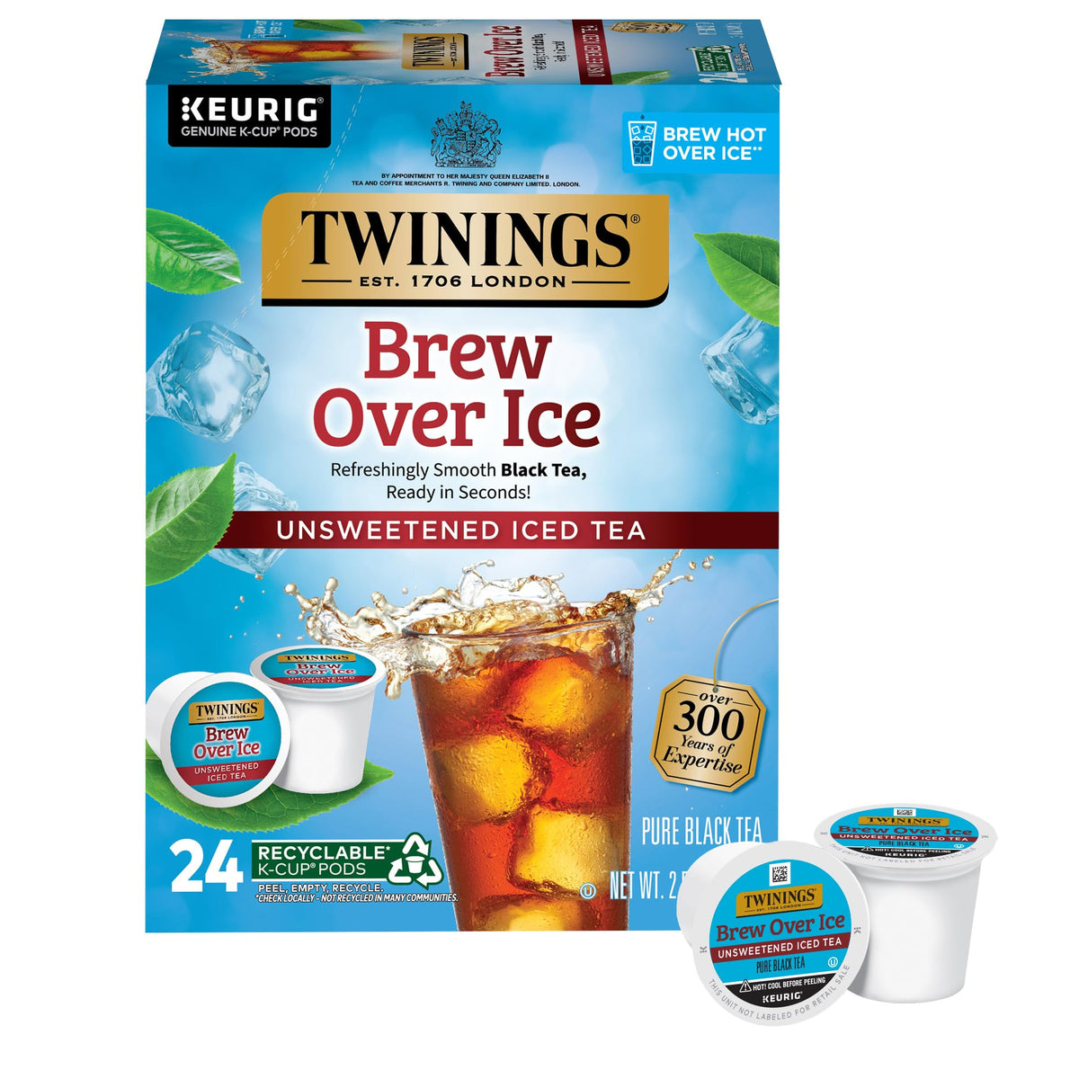 Twinings Brew Over Ice unsweetened black tea pods in box for quick refreshment.