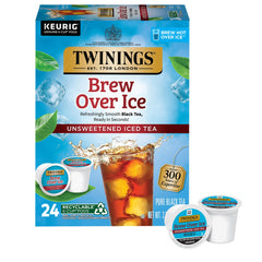 Twinings Brew Over Ice unsweetened black tea pods in box for quick refreshment.