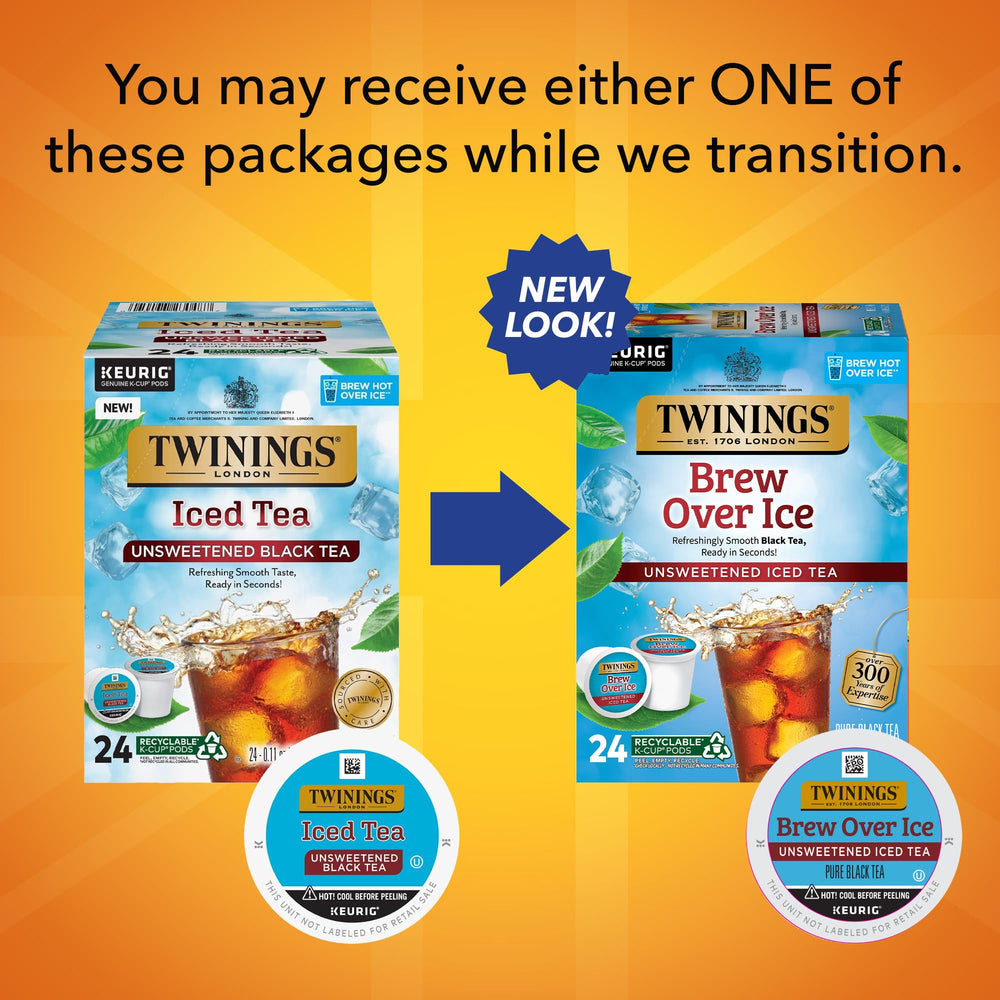 Twinings Brew Over Ice tea poured over ice into a tall glass.