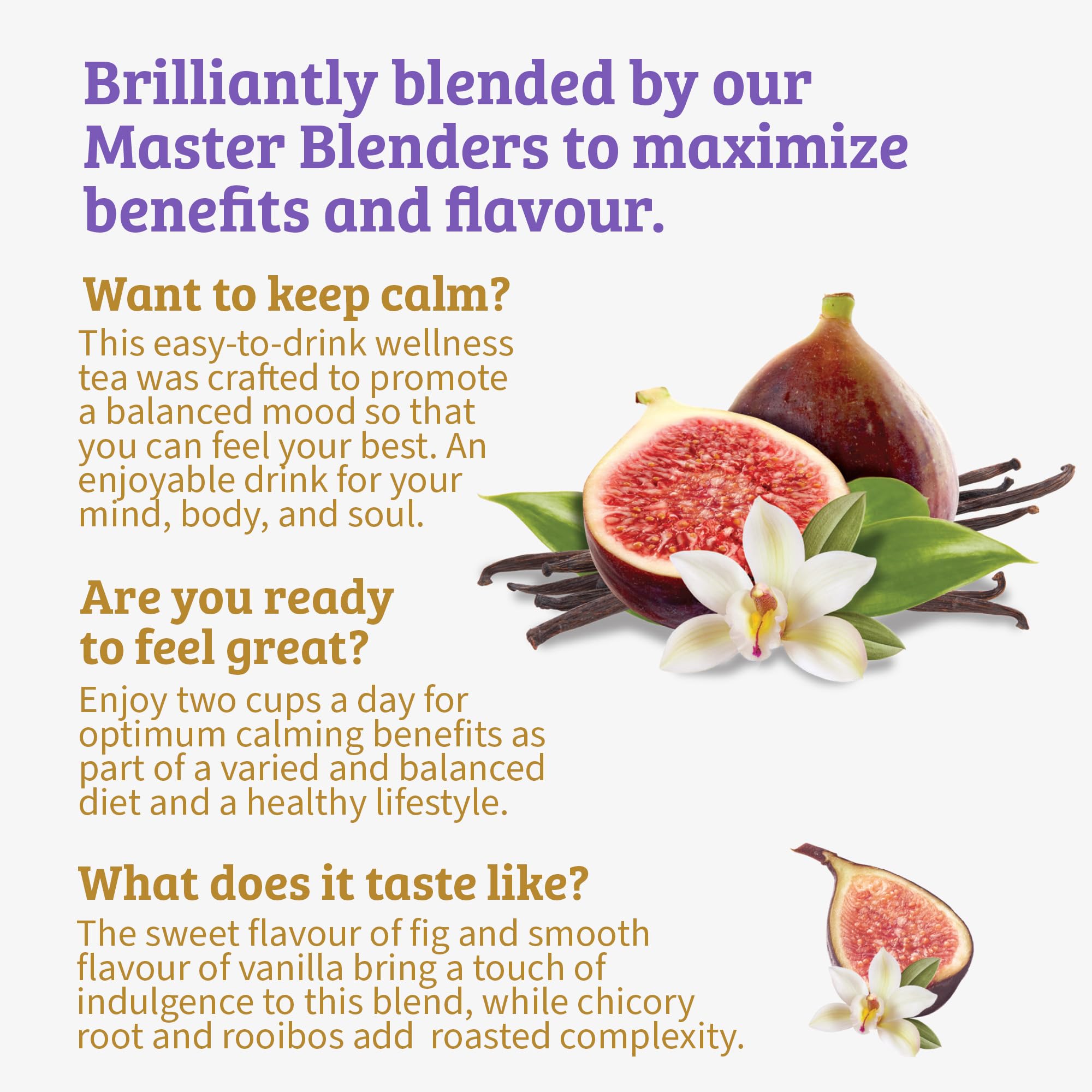 Twinings Superblends Calm pack-shot with 18 caffeine-free tea bags for hot or iced tea.