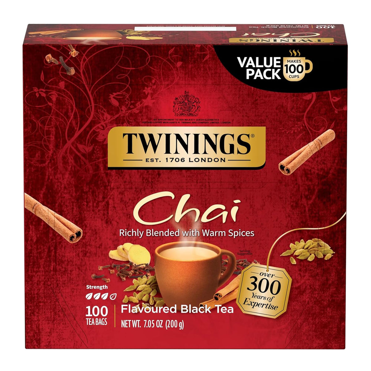 Twinings chai black tea box with 100-count packaging for daily brewing.