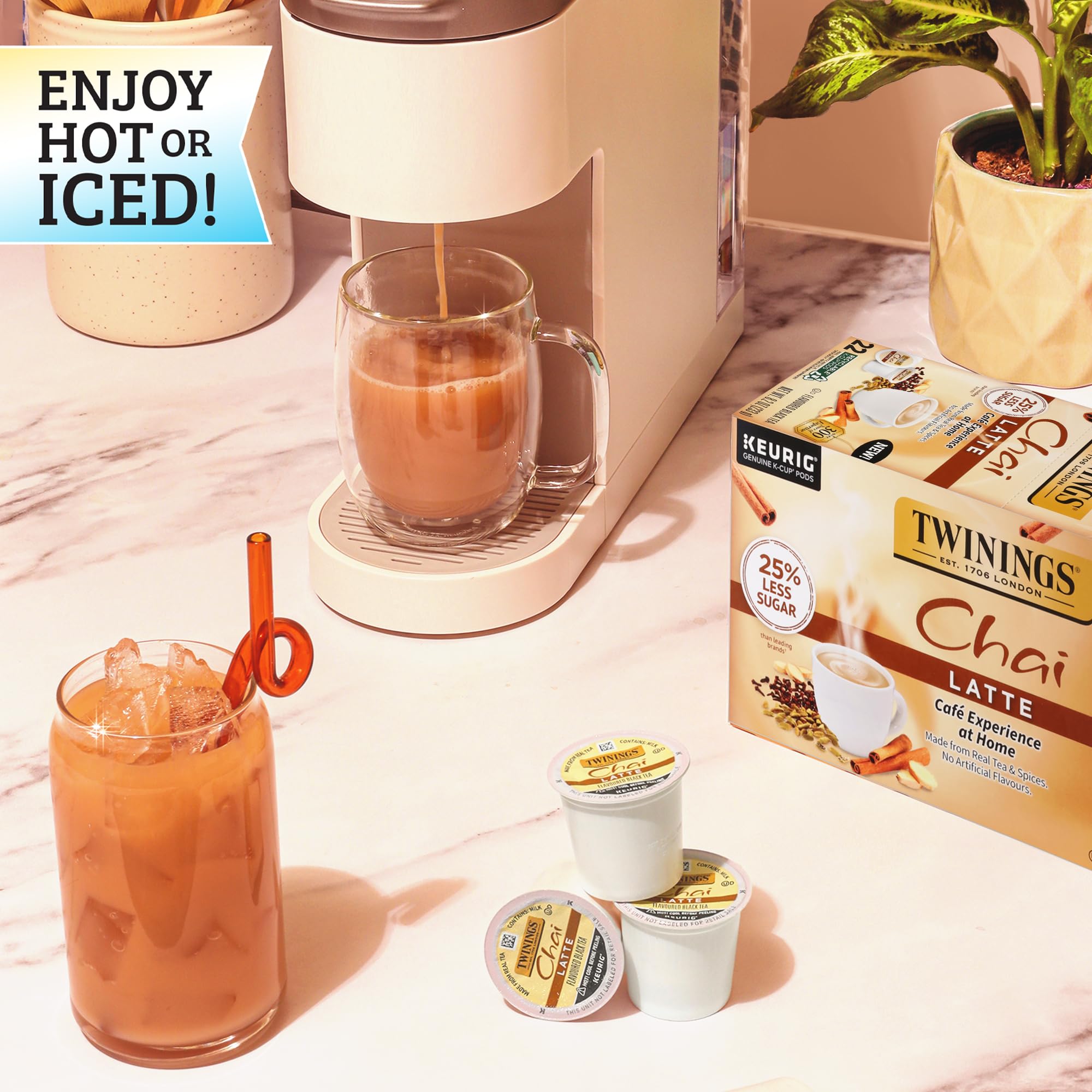 Twinings Chai Latte pods brew hot or iced for versatile enjoyment