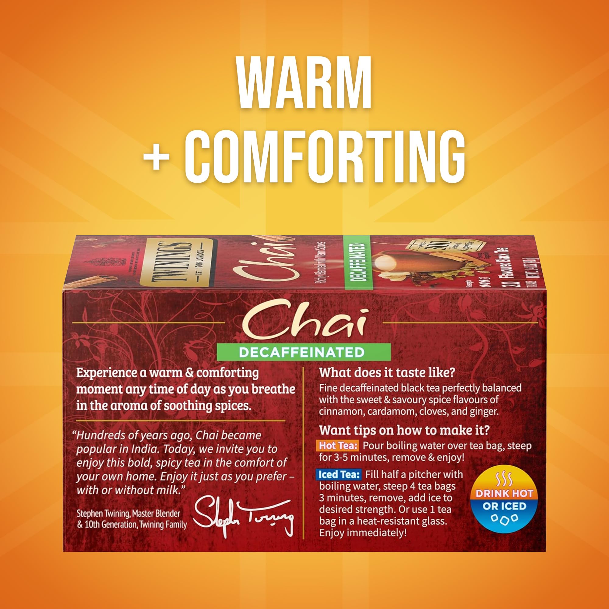 Twinings chai spice blend highlights cinnamon, cardamom, cloves, and ginger for a comforting aroma.