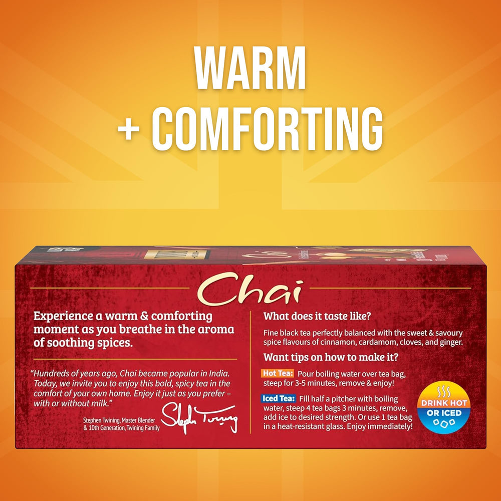 Twinings chai tea bags individually wrapped for freshness on the go.